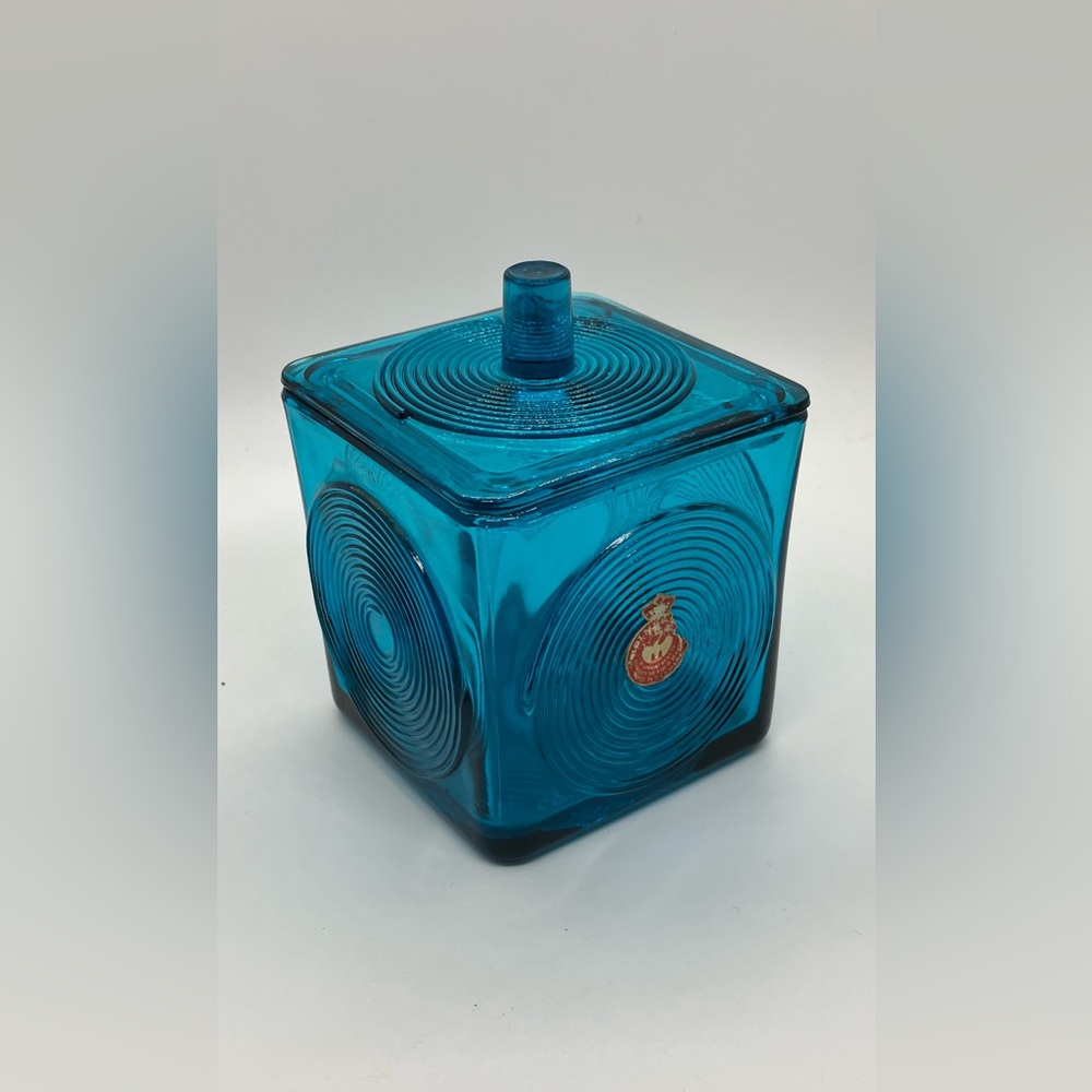Vtg 1960's Per Lütken for Holmegaard Danish Blue Glass Cube Dish Bowl w Lid